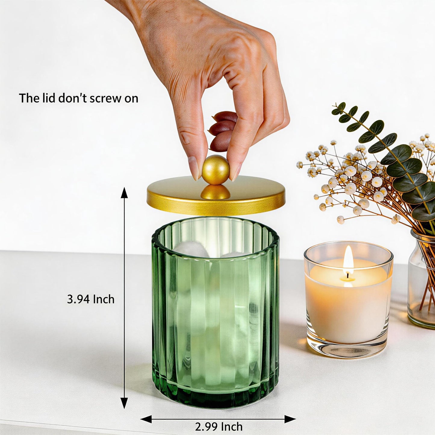 Amolliar Sage Green Glass Qtip Holder Dispenser, Bathroom Canister Apothecary Jar for Cotton Swabs, Cotton Balls, Round Pads, Floss Picks, Countertop Storage Organizer Container for Vanity,Gold 4 Pack