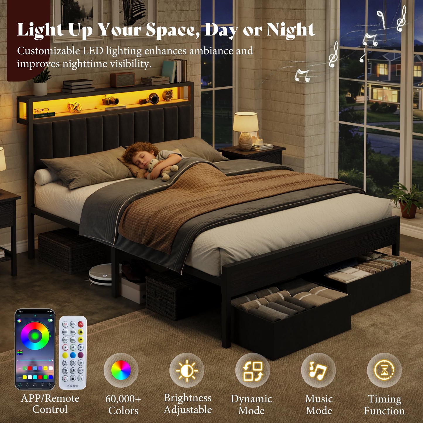 AMERLIFE Queen Bed Frame with LED Lights & 2-Tier Storage Headboard