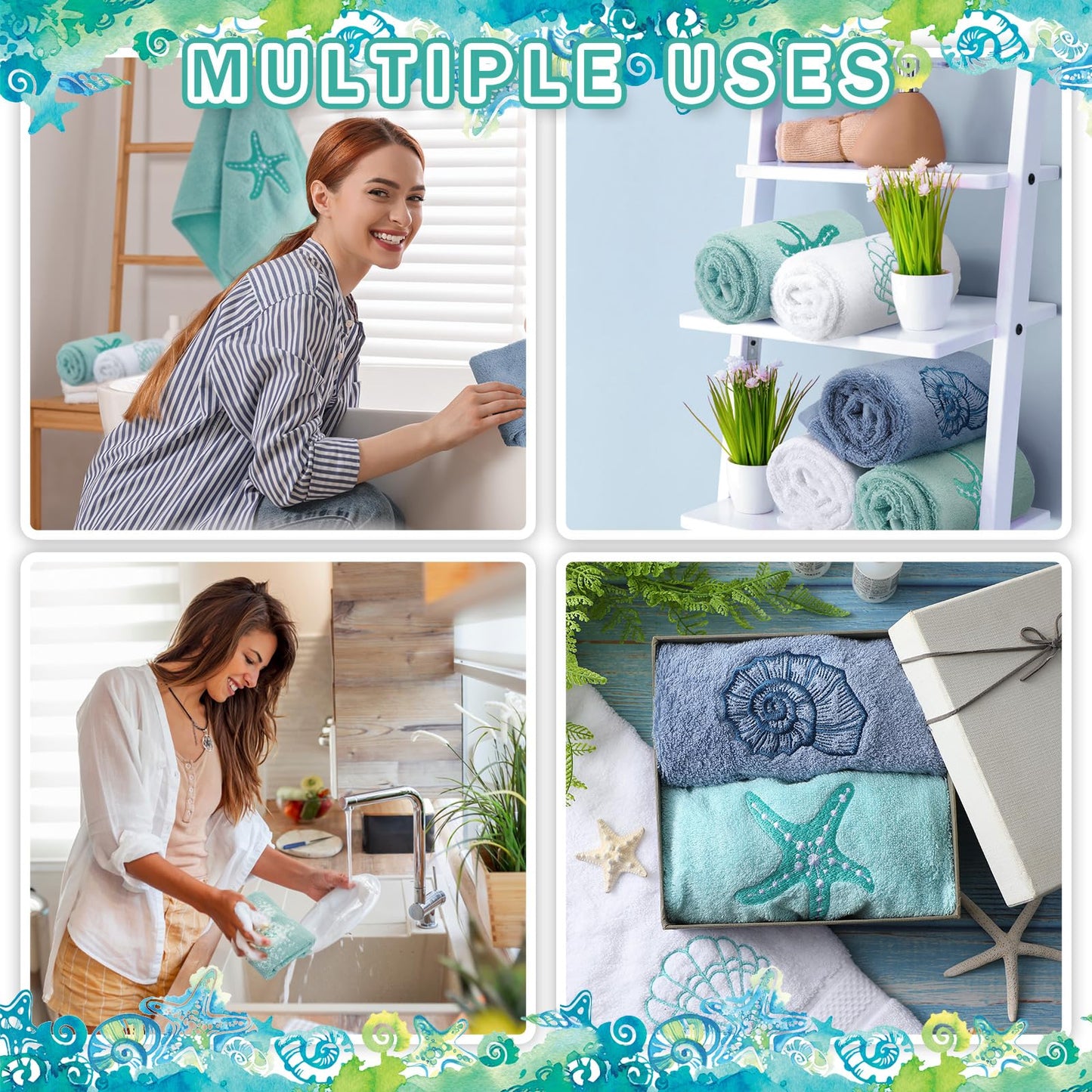 Hahafelt 3 Pack Coastal Hand Towels for Bathroom 100% Cotton Embroidered Beach Bathroom Towels 13.8 x 29.5'' Seashell Starfish Conch Blue Finger Towel Nautical Decorative Towel Gift for Summer Holiday