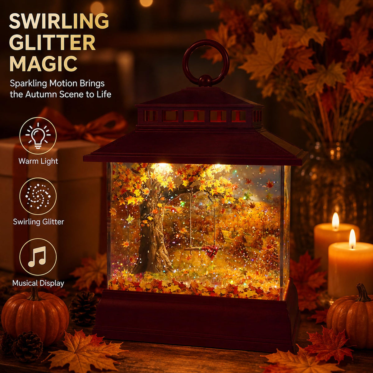 Fall Snow Globe Lantern, Musical Glitter, 6 Hour Timer, Autumn Home Decor