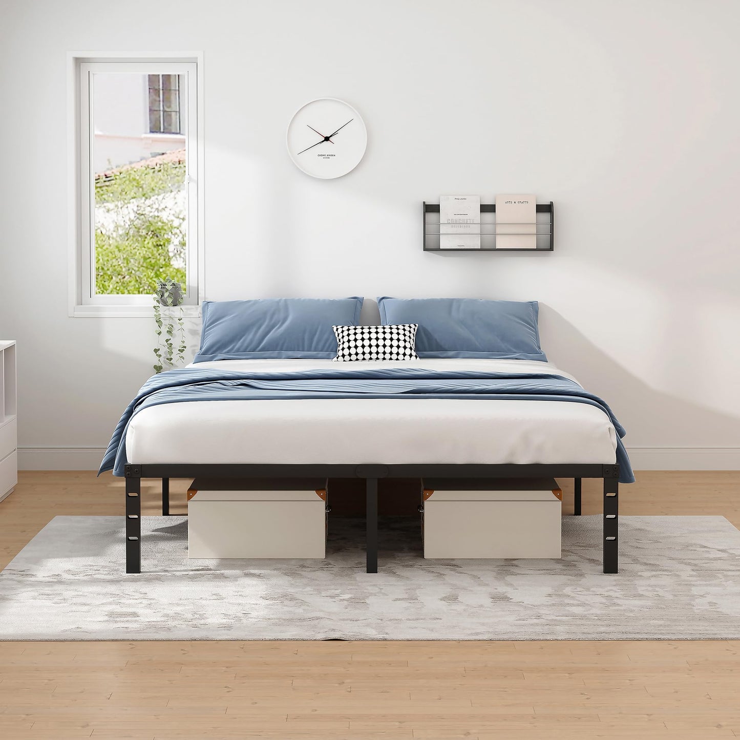 NEW JETO Metal Bed Frame,King Size Bed Frame with Storage Space,Heavy Duty Sturdy Mattress Foundation,Easy Assembly,No Box Spring Needed, Black,18 Inch,King