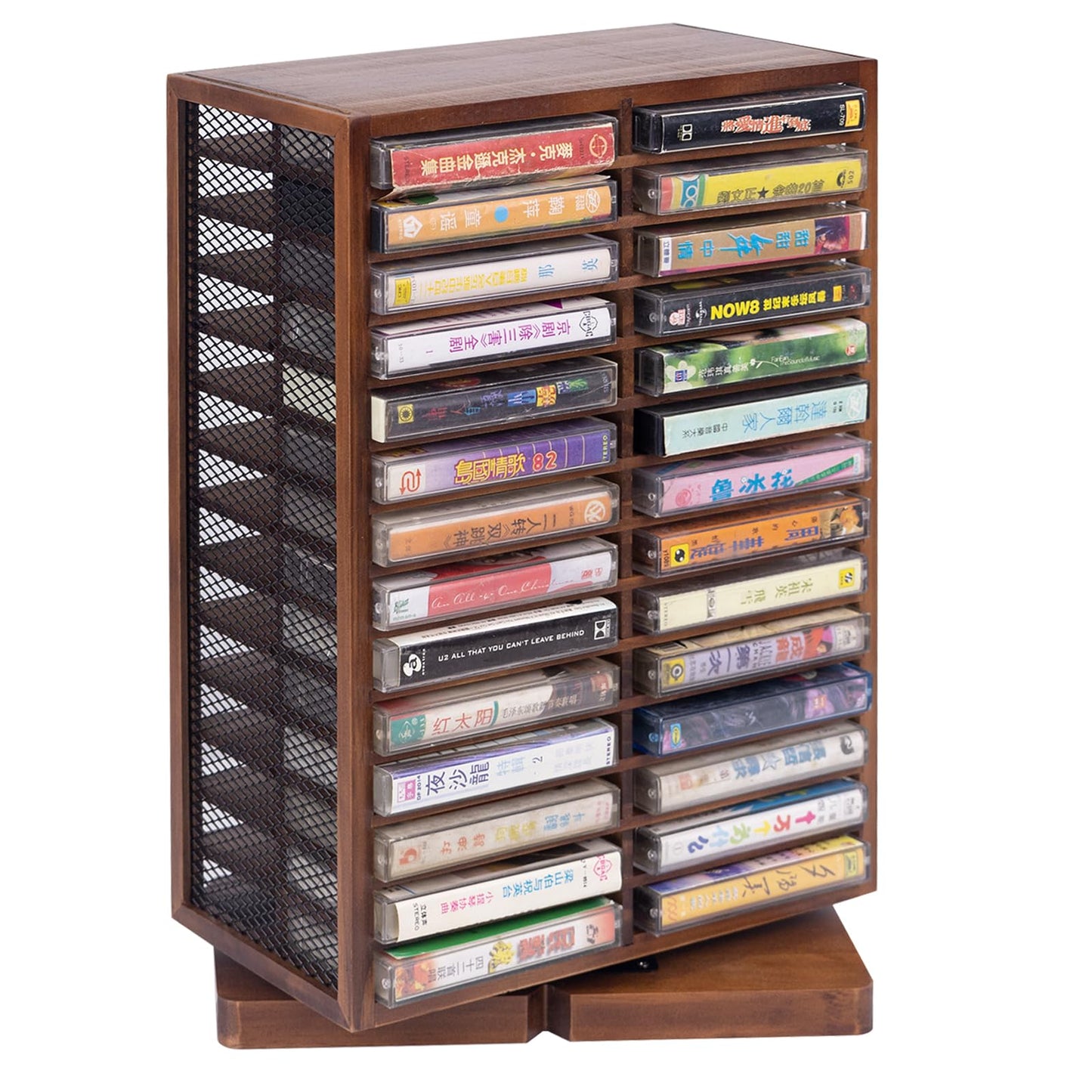 WodGod Cassette Tape Storage Box, Wood Cassette Rack, Wooden Cassette Tape Holder 360-Degree Rotatable, 56 Capacity, Double-Sided & Diamond Metal Wire Mesh, the Ideal Gift for Cassette Collectors
