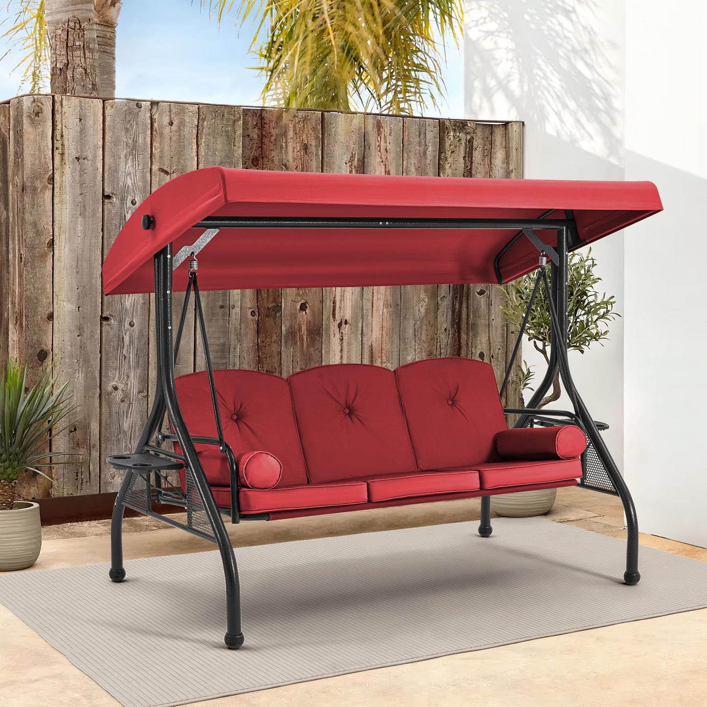 HOMREST 3 Seat Outdoor Porch Swing with Adjustable Canopy, Convertible Patio Swing Bed with Stand, Patio Glider Swing with Upgraded Cup Holder, Thicken Cushions ＆ Pillow for Backyard(Wine Red)