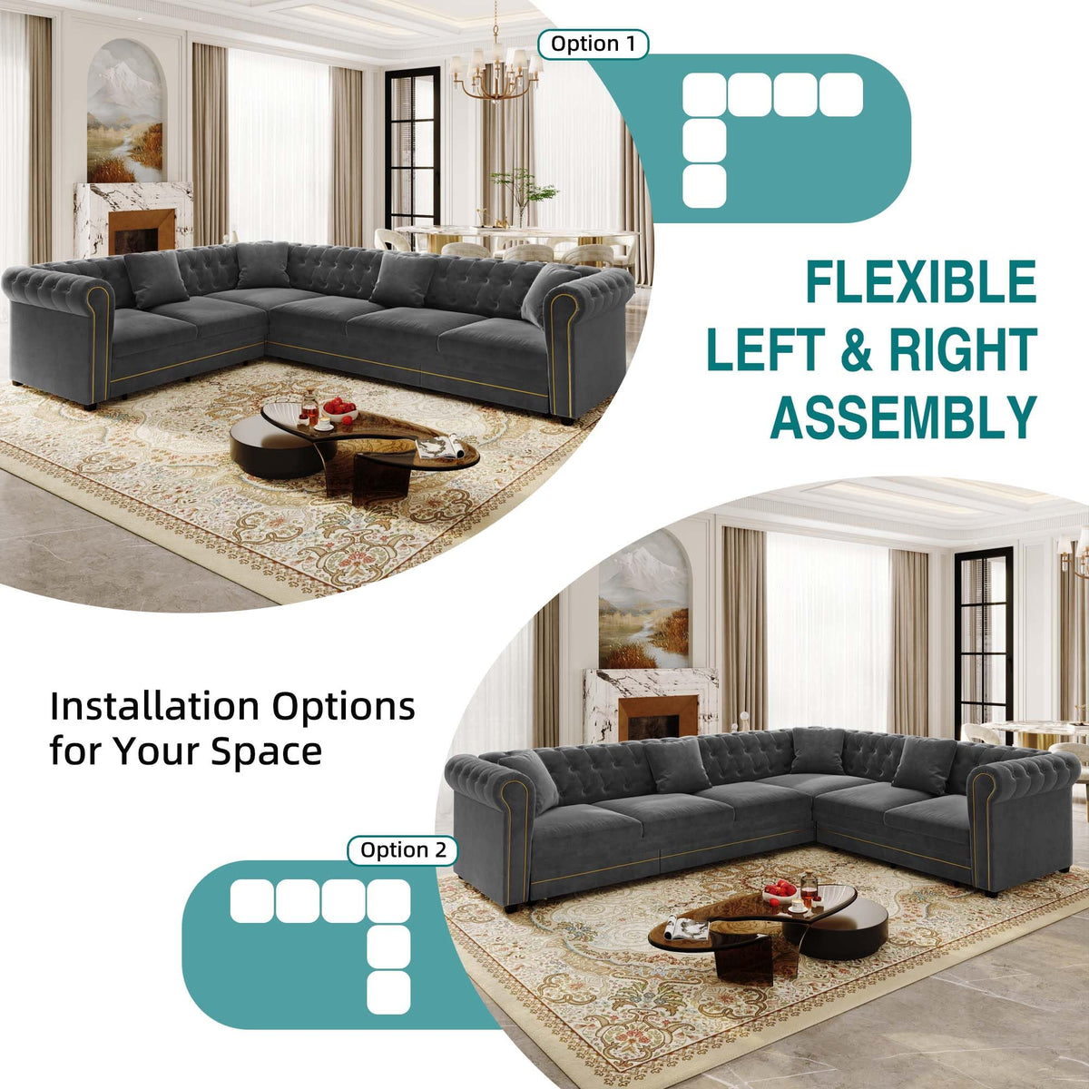 115.3'' Sleeper Sofa Bed King, Velvet Chesterfield Pull Out Couches, Gray