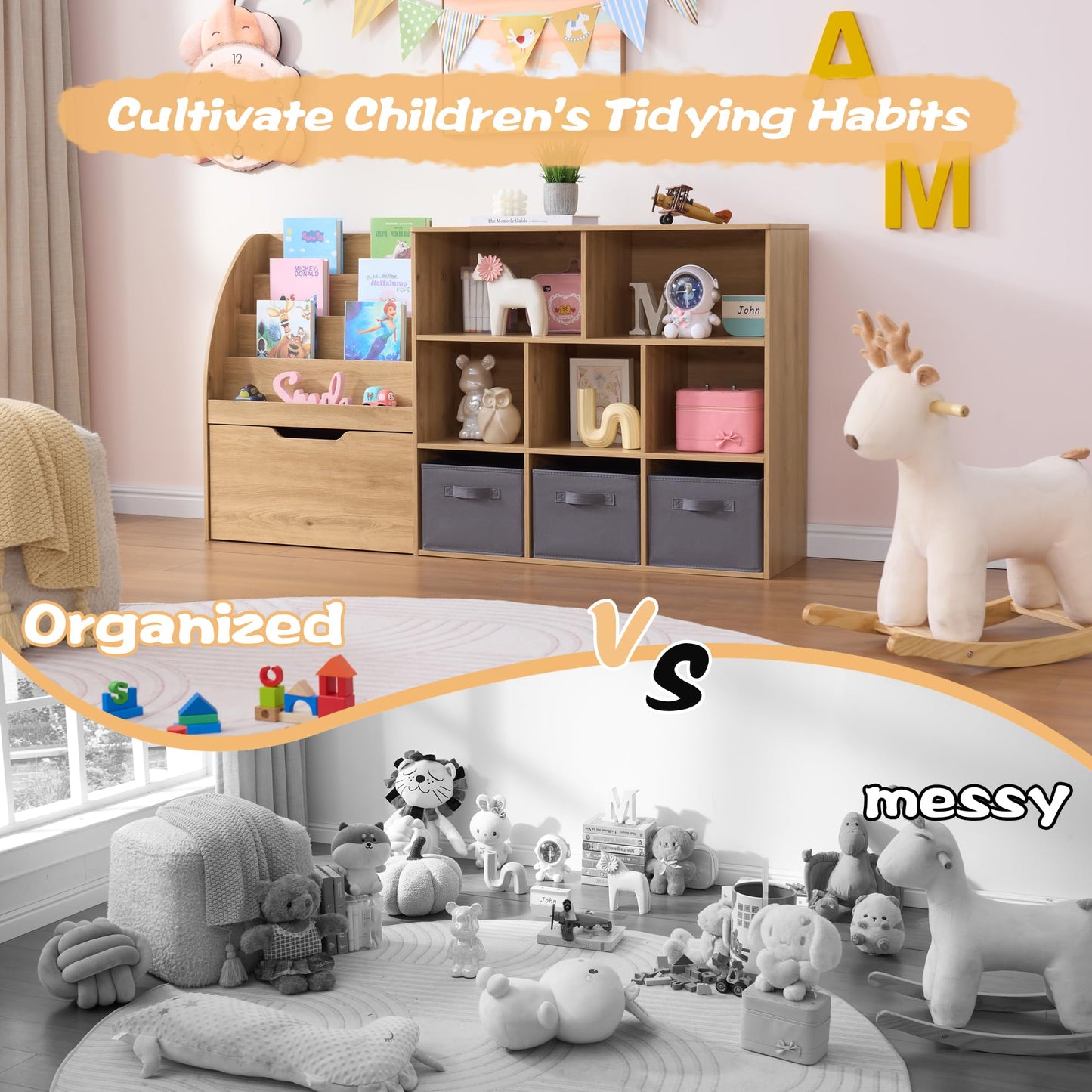Fatmok Kids Bookshelf and Toy Storage, Toy Storage Organizers with Movable Drawers & 3 Storage Bins, Kids Reading Nook Toy Organizers Shelf with 5 Cubbies, Natral Wood