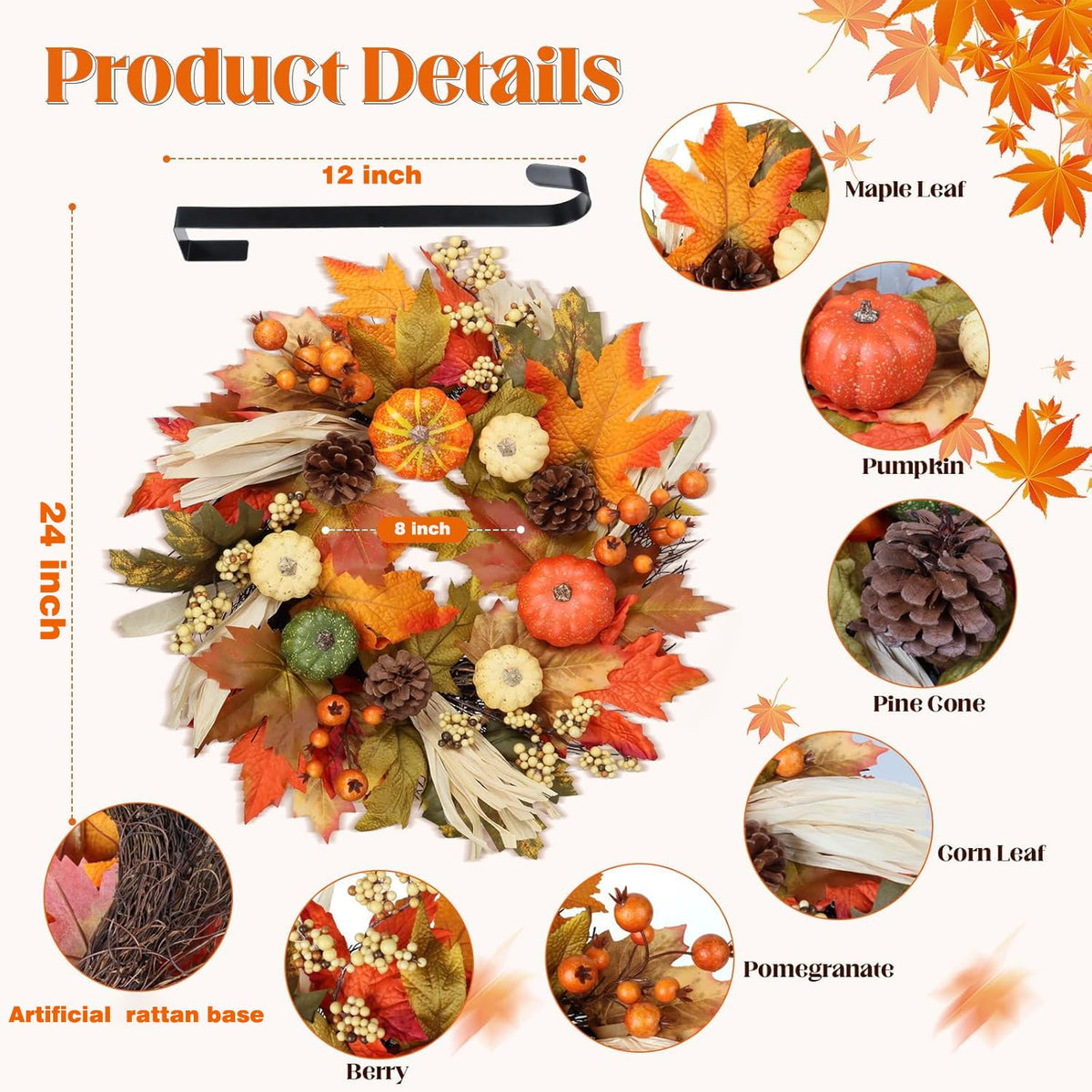 24 Inch Fall Wreaths for Front Door,Autumn Pumpkin Maple Wreath with Hanger