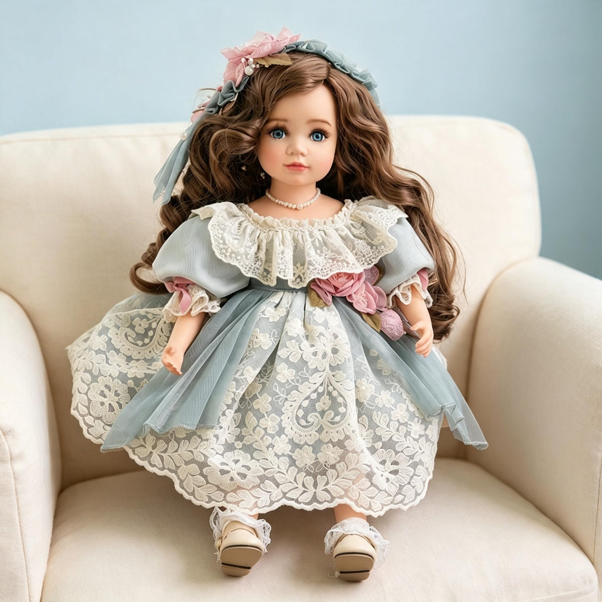 Arlinao Olivier Blue 18in Handcrafted European Vintage Porcelain Figurine