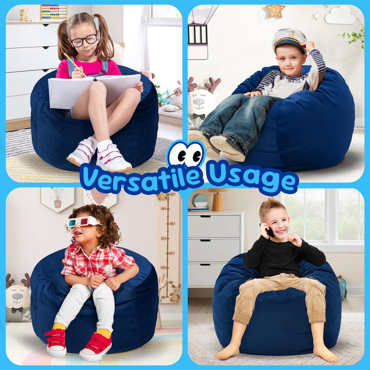 Hobestluk Bean Bag Chair 2.5ft BeanBag Velvet Fabric Medium Blue
