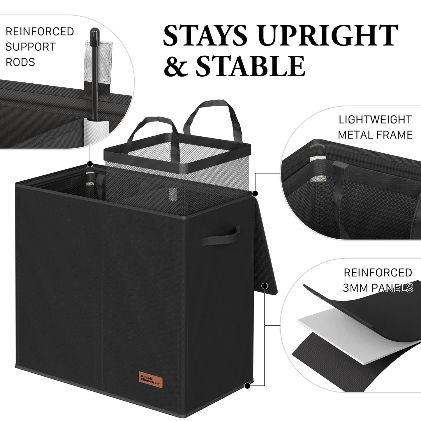 Simple Houseware Double Laundry Hamper with Lid & Removable Bags, Black