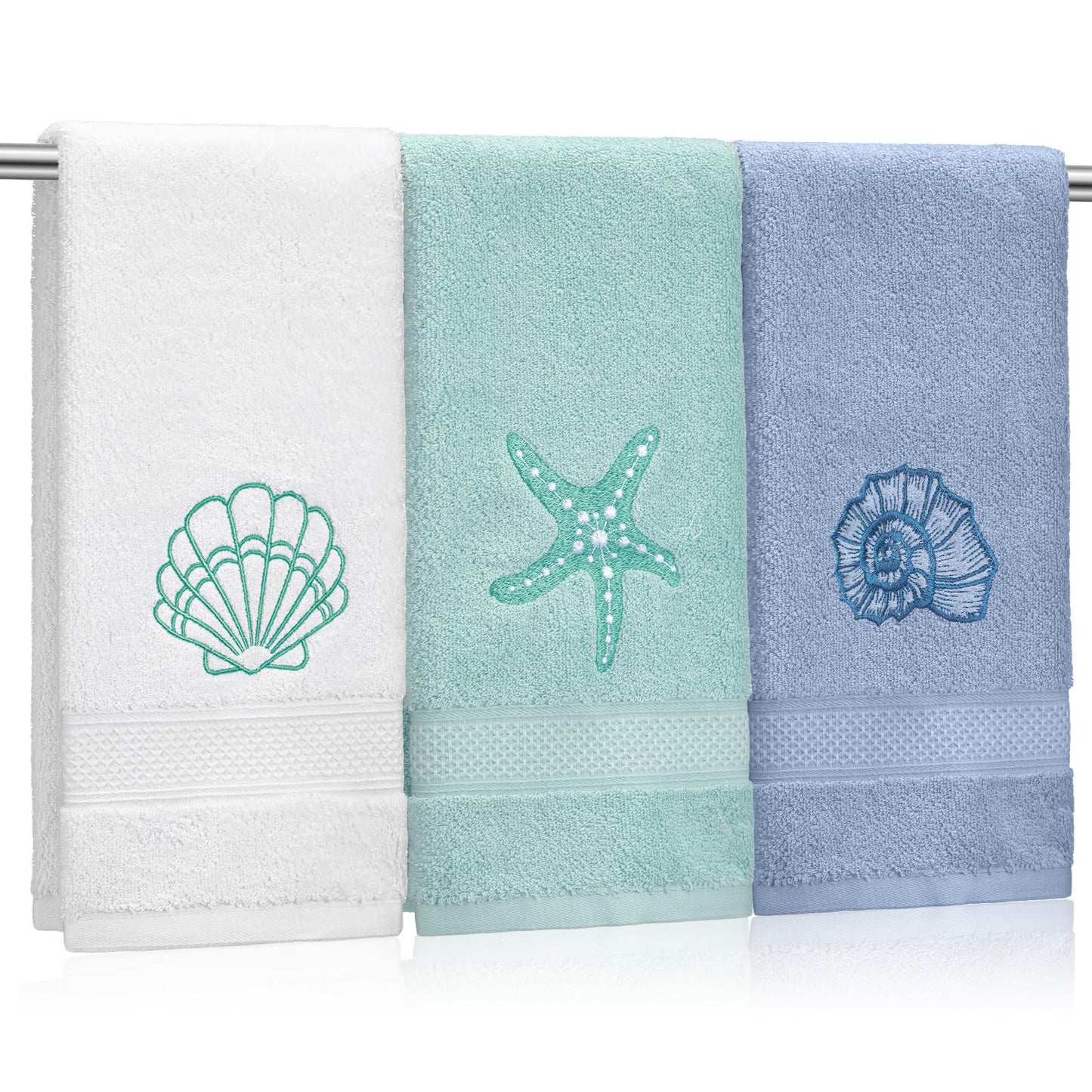 Hahafelt 3 Pack Coastal Hand Towels for Bathroom 100% Cotton Embroidered Beach Bathroom Towels 13.8 x 29.5'' Seashell Starfish Conch Blue Finger Towel Nautical Decorative Towel Gift for Summer Holiday