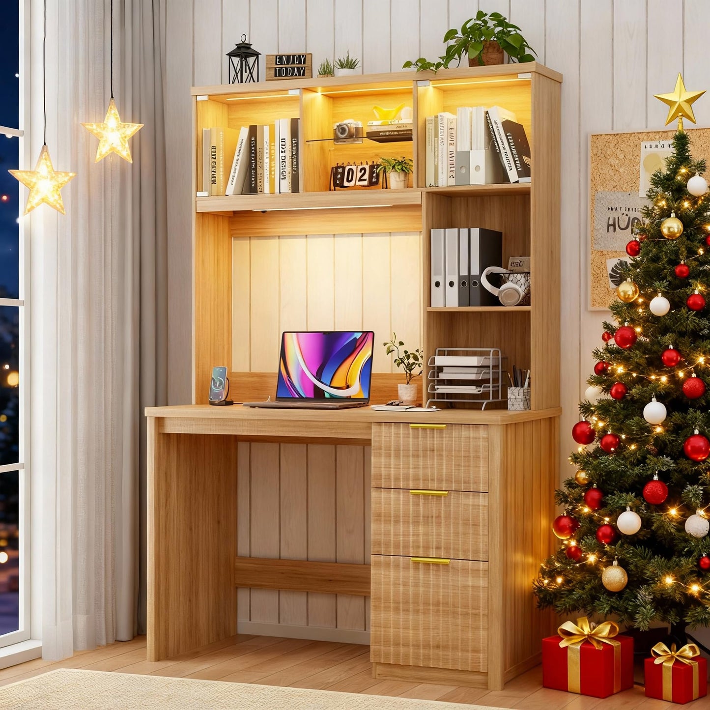 FREDEES LED Study Desk with Hutch, Home Office Desk with Charging Station & Storage Drawer, 70'H Writing Table with Glass Display Cabinet, 3 Color Light Computer Desks for Study, Wood