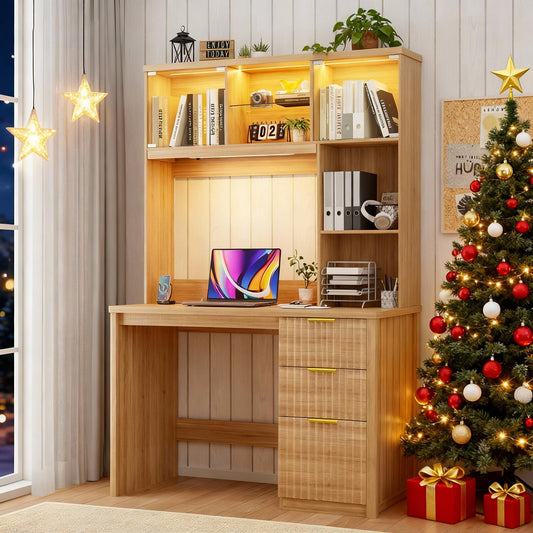 FREDEES LED Study Desk with Hutch, Home Office Desk with Charging Station & Storage Drawer, 70'H Writing Table with Glass Display Cabinet, 3 Color Light Computer Desks for Study, Wood
