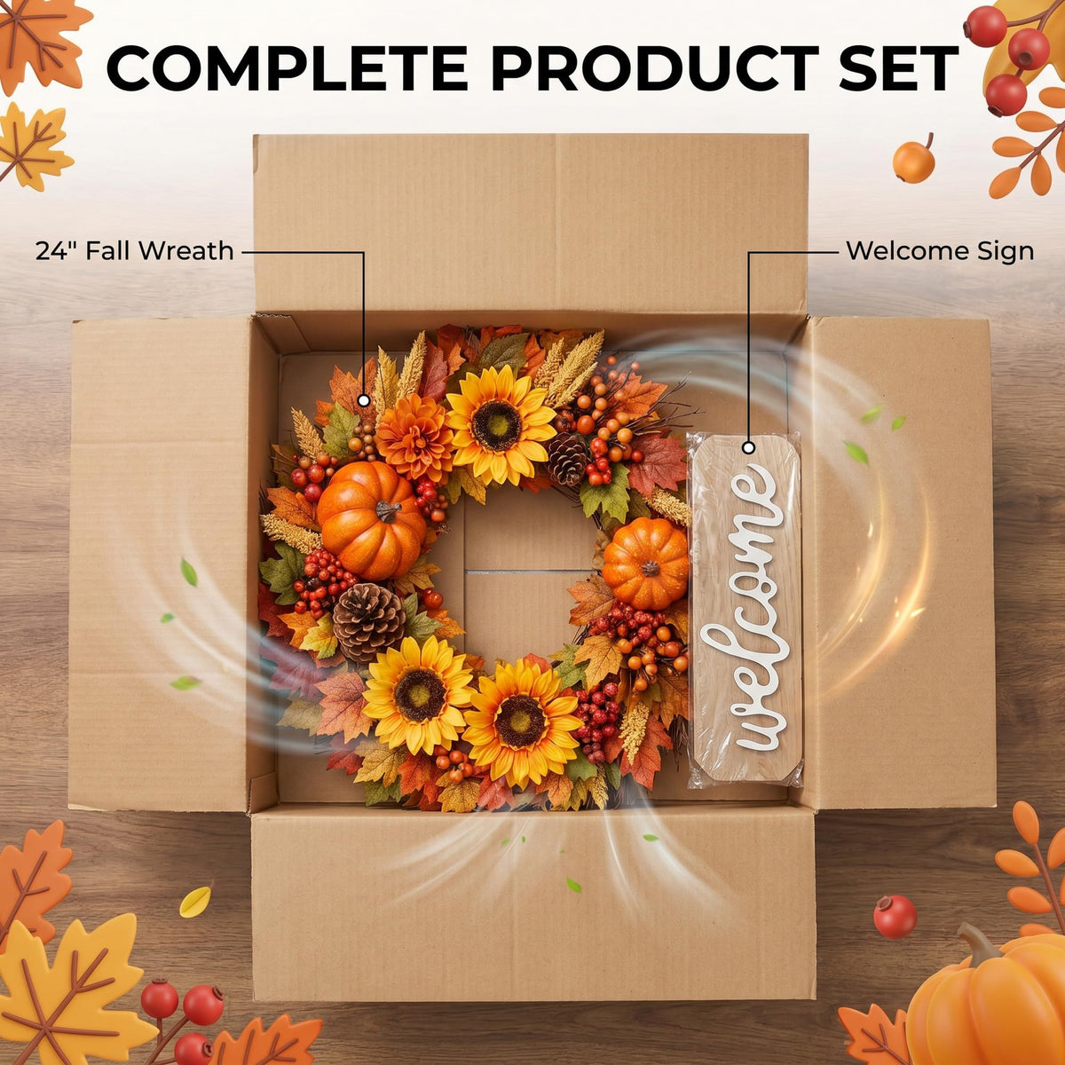 24 Inch Fall Wreaths for Front Door with Welcome Sign.