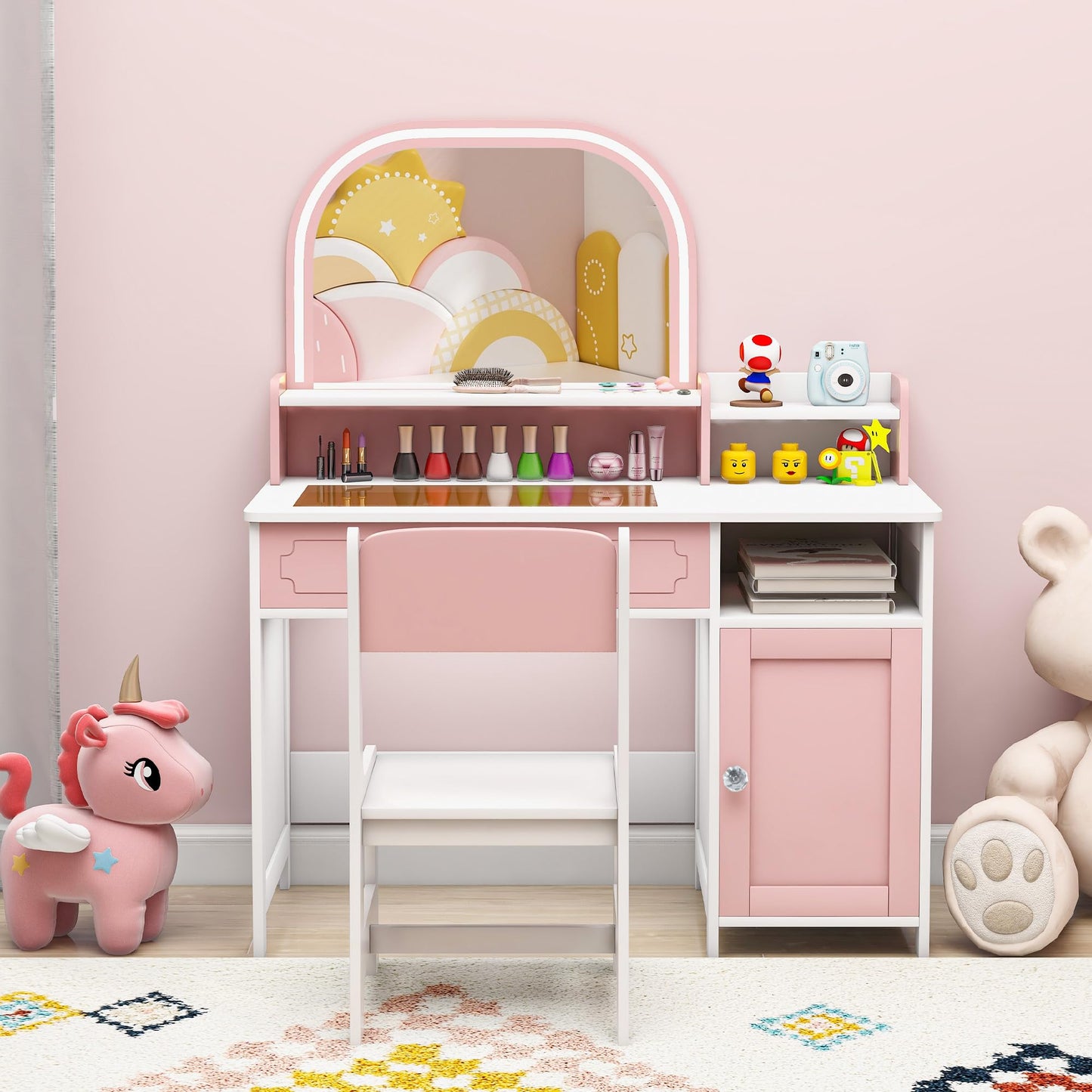Vavkorkula Kids Vanity Set, Toddler Dresser Small Vanity Desk with Mirror and Lights for 3-8 Years Old, Wooden Dressing Table Kids Makeup Vanity Organizer Sets for Girls, Pink
