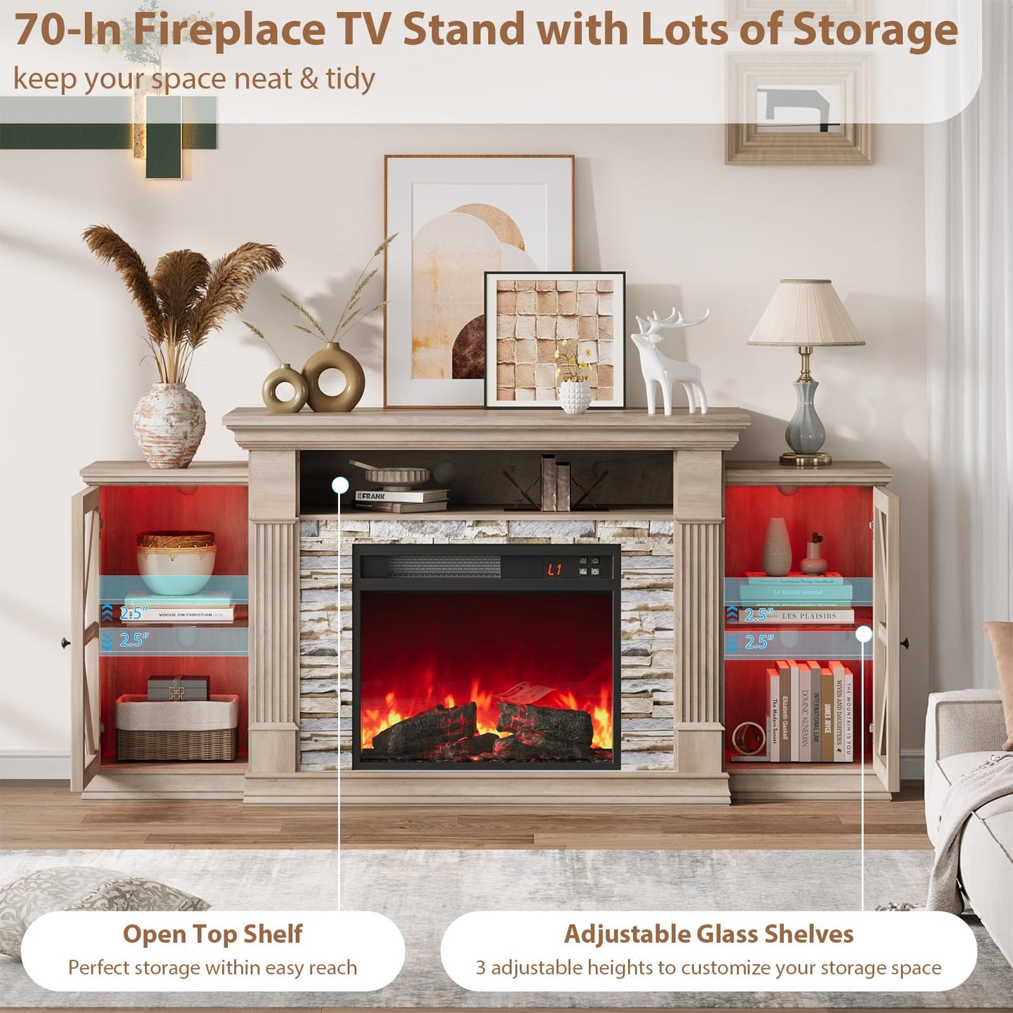 QUW Electric Fireplace TV Stand, 70" Farmhouse Entertainment Center with Open Shelf and Glass Barn Door Cabniet, Modern TV Console Table with 7 Flame Colors for Living Room, Grey