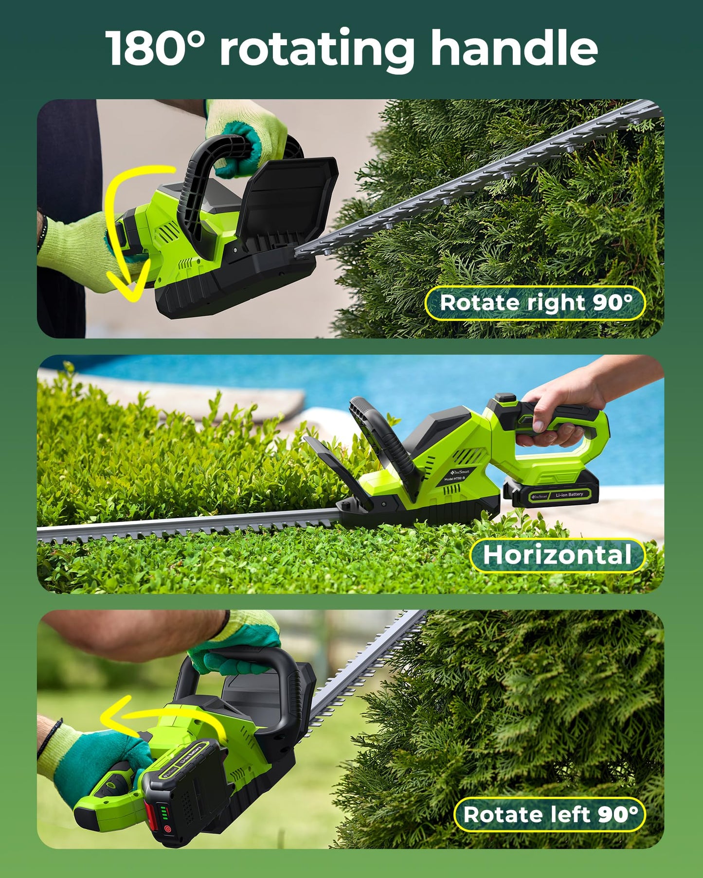 20'' Hedge Trimmers Cordless with Battery, 3000RPM Brushless Electric Bush Clipper with 2pcs 2000mAh Rechargeable Batteries, 180° Rotatable Head, 2/3'' Blade Gap Green, Gifts for Men Dad Father