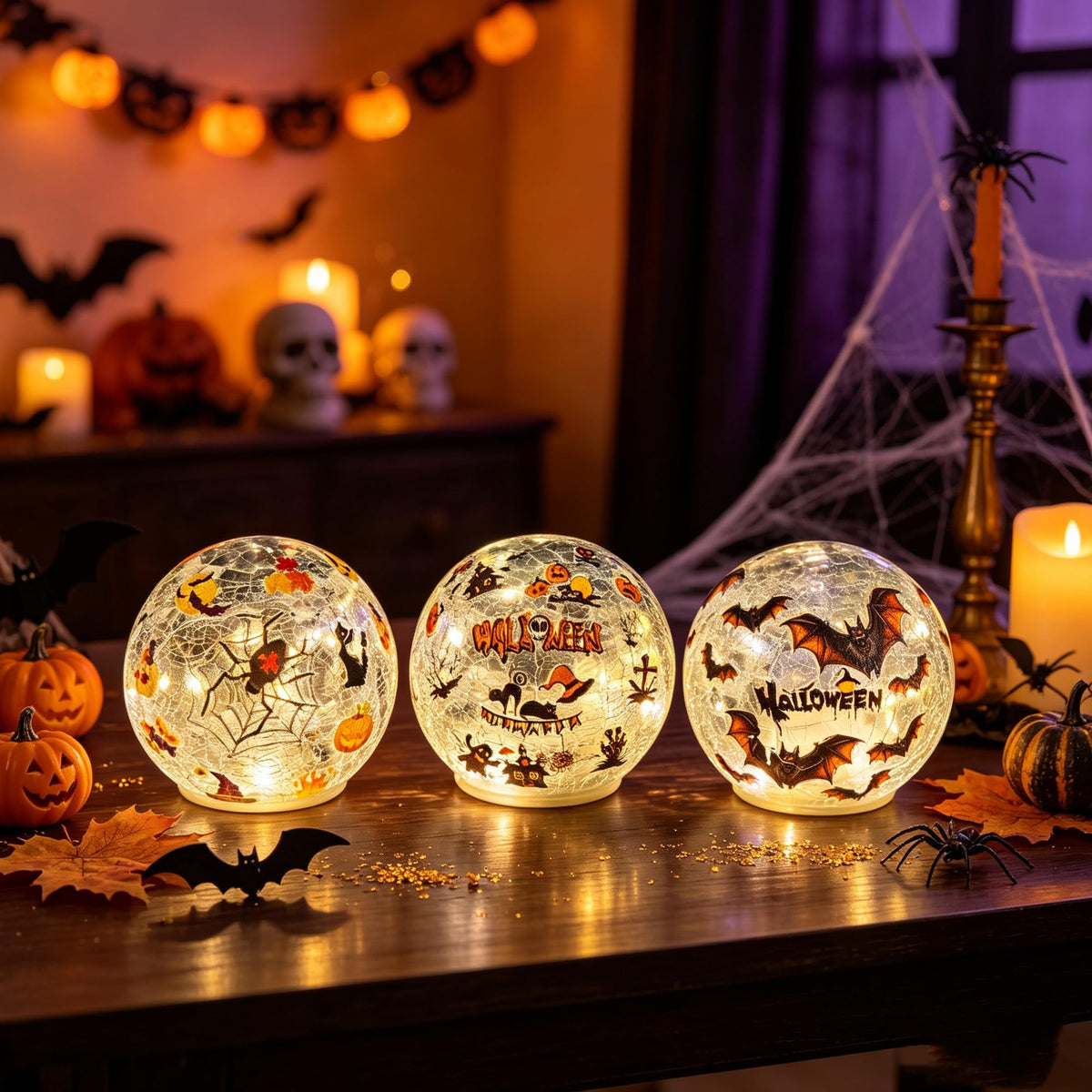 3 Pack Halloween Desktop Decorative Lights, Interior Decorations, LED Cracked Glass Ball Lights with Timer (Brown Bat)
