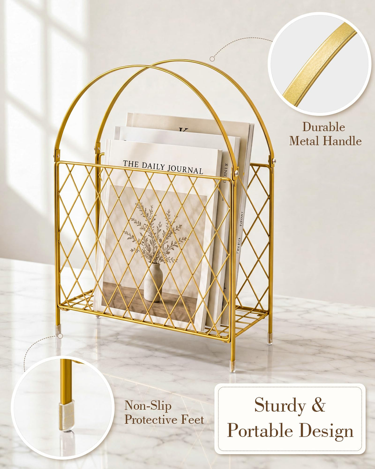 Medcph Gold Metal Magazine Holder, Magazine Rack & Storage Basket Organizer
