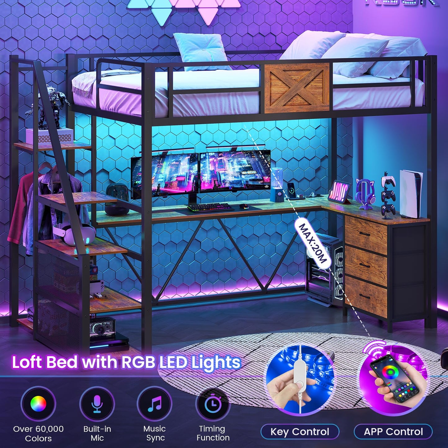 Itaar Stairway Twin Size Loft Bed with L Shaped Desk and Wardrobe, Metal Loft Bed Frame with Storage Stairs, 3 Fabric Drawers, LED Lights & Charging Sation, Rustic Brown