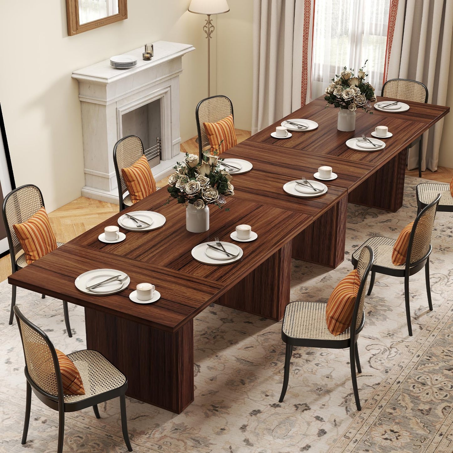 Miereirl 78 Inch Rectangular Dining Table for 6-8 People, Large Modern Farmhouse Kitchen Table with Grooved Wood-Strip Base, Perfect for Dining Room or Family Gathering, Walnut