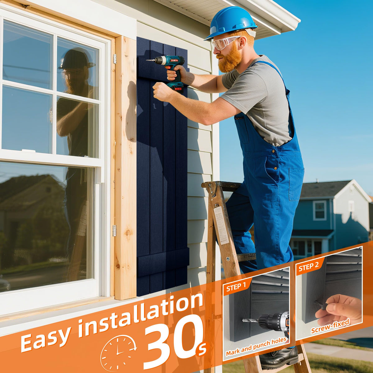 Ortus Collective Exterior Window Shutters - Weather-Resistant Polypropylene, Easy DIY Install - Board and Batten Shutters for Windows Outside, Vinyl, Brick, 14.5"W*55" H, Blue