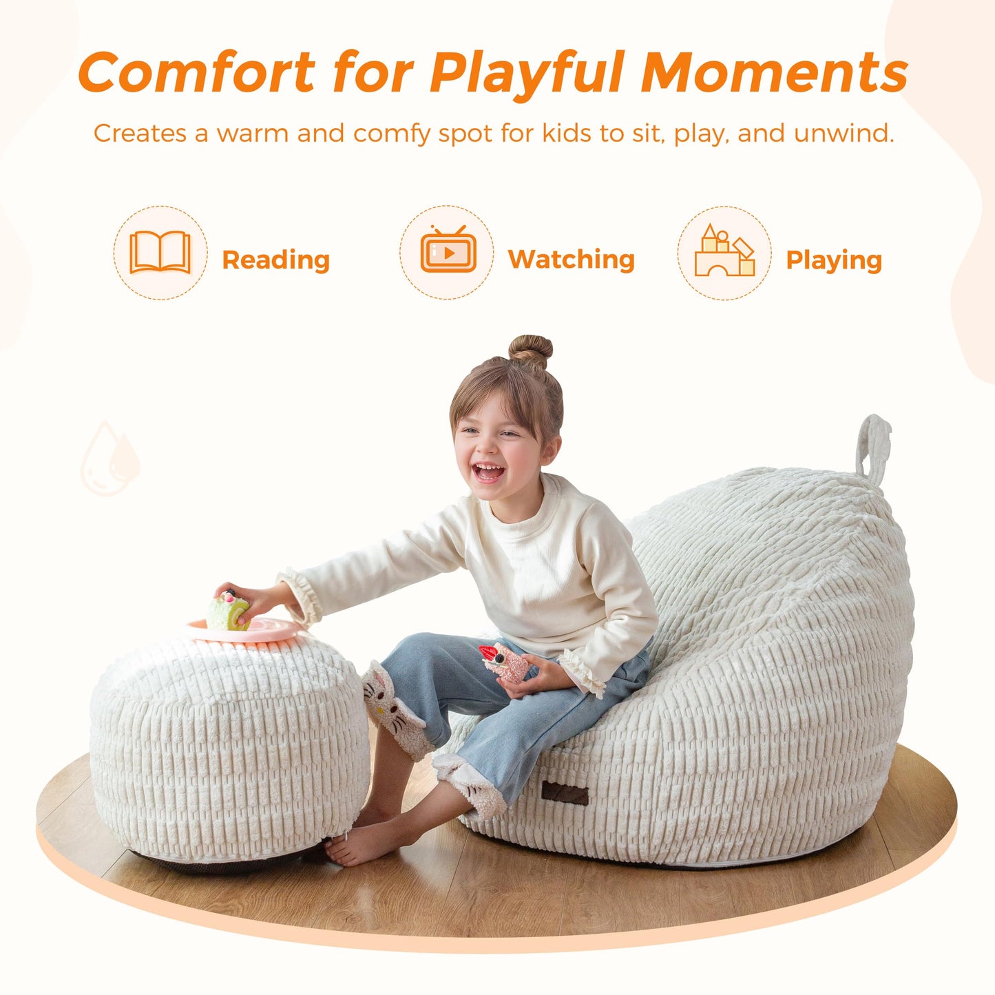MAXYOYO Kids Bean Bag Chair with Ottoman, Soft Plush Bean Bag Sofa with Removable Cover for Boys and Girls, Convenient Floor Seat with Handle, Comfy Toddler Lounge Chair for Playroom, Bedroom