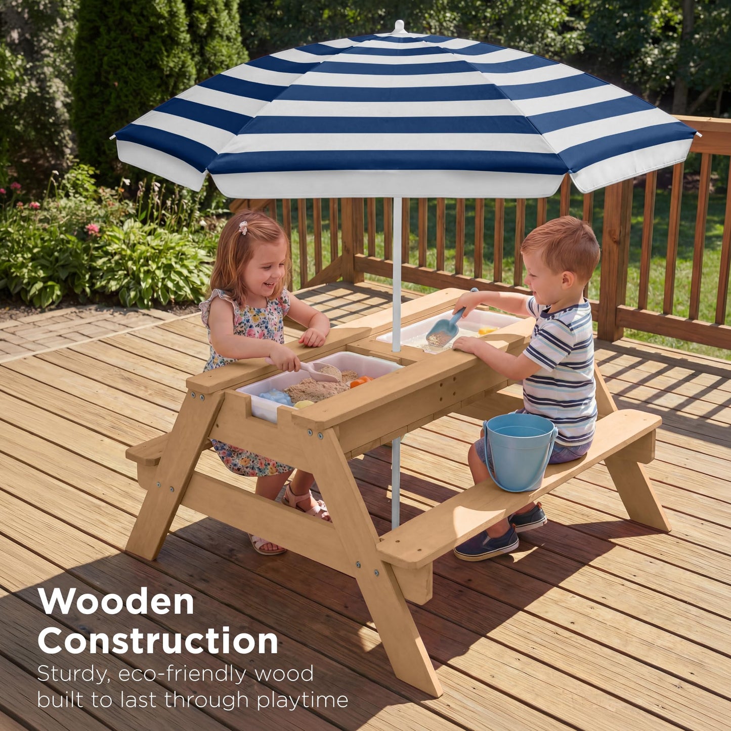 Best Choice Products Kids Picnic Table with Umbrella, 3-in-1 Sand & Water Table, Outdoor Convertible Picnic Table for Toddlers, Seats 4, Removable Top, 2 Buckets - Navy