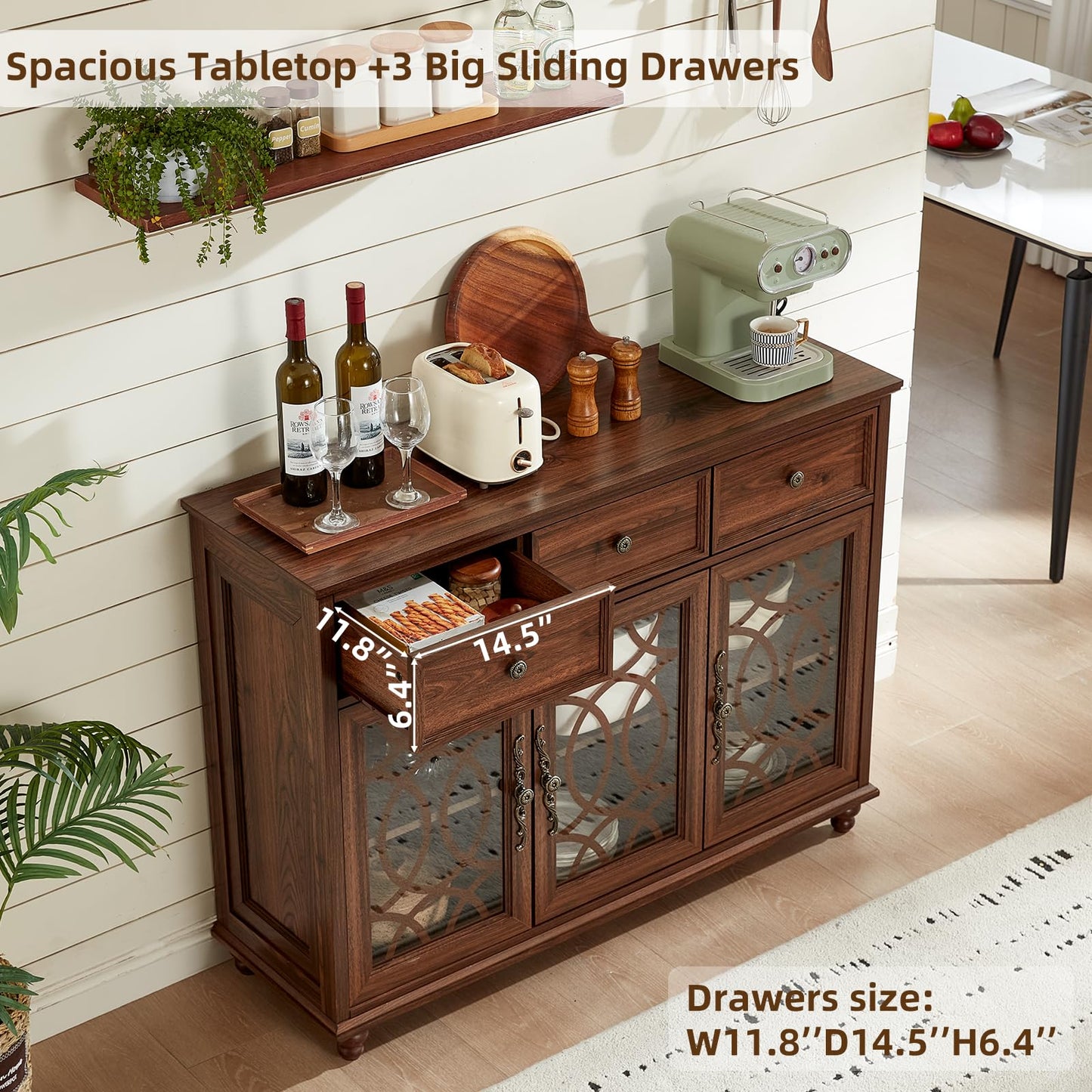 Joaxswe Farmhouse Sideboard Buffet Cabinet with Storage,48" Large Credenza with 3 Glass Doors & 3 Drawers,Adjustable Shelves Console Table,Wood Kitchen Coffee Bar for Dining Room,Living Room,Brown