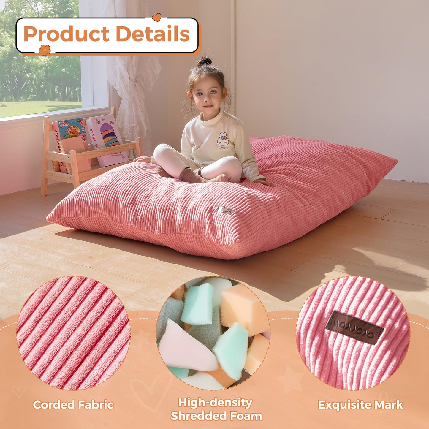 MAXYOYO 3 in 1 Kids Bean Bag Chair Couch, Convertible Chair Folds from Bean Bag to Lounger, Child Floor Sofa for Gaming, Reading, Floor Mattress with High-Density Foam Filling