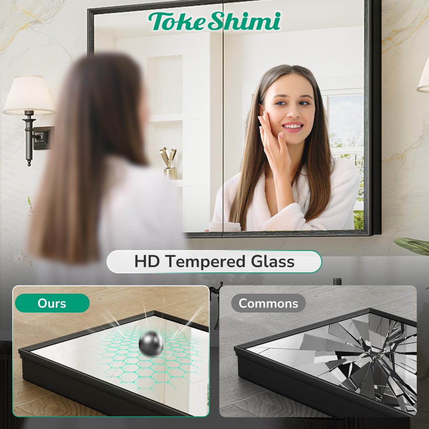 TokeShimi 14 x 18 Recessed Medicine Cabinet, Assembly Required, Black Bathroom Medicine Cabinet with Mirror, Stepless Adjustable Shelves, Tempered Glass, Beveled Aluminum Frame