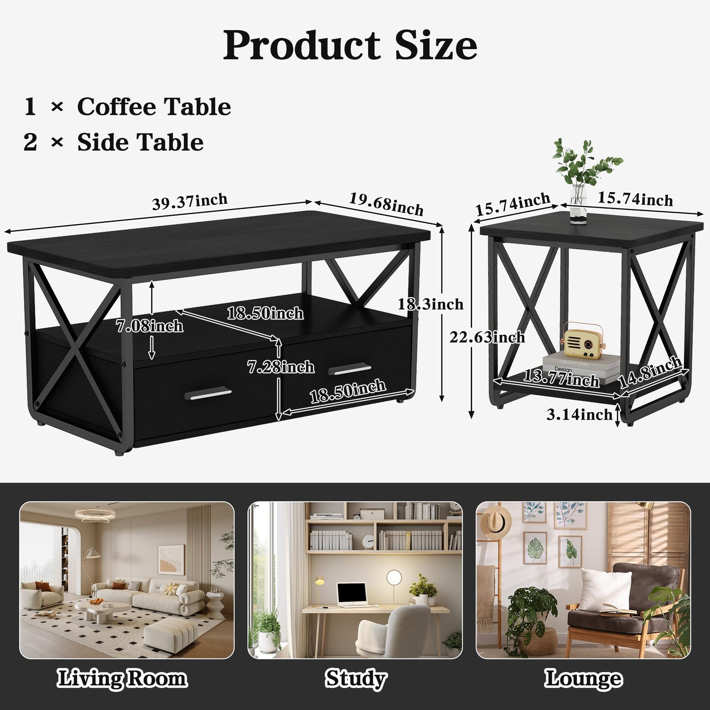 DKLGG 3 Piece Coffee Table Set for Living Room with Fabric Drawers and Storage Shelves, Rustic Wood and Metal Frame, Industrial Farmhouse Table with 2 End Tables for Small Spaces, Apartment, Black