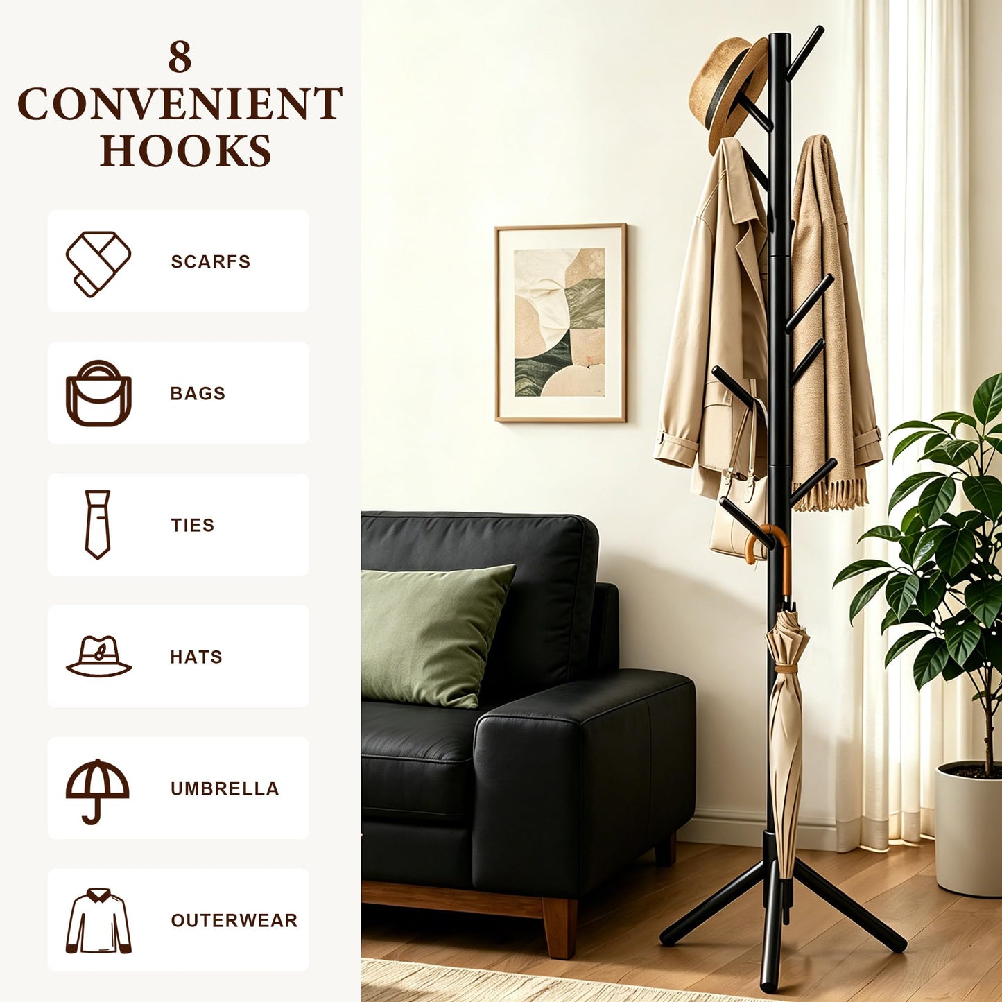 Freyawin Wooden Coat Rack Freestanding with 8 Hooks & 3 Adjustable Sizes for Clothes, Space-Saving Design for Bedroom Office Entrance Holds Hats Coats Scarves Bags