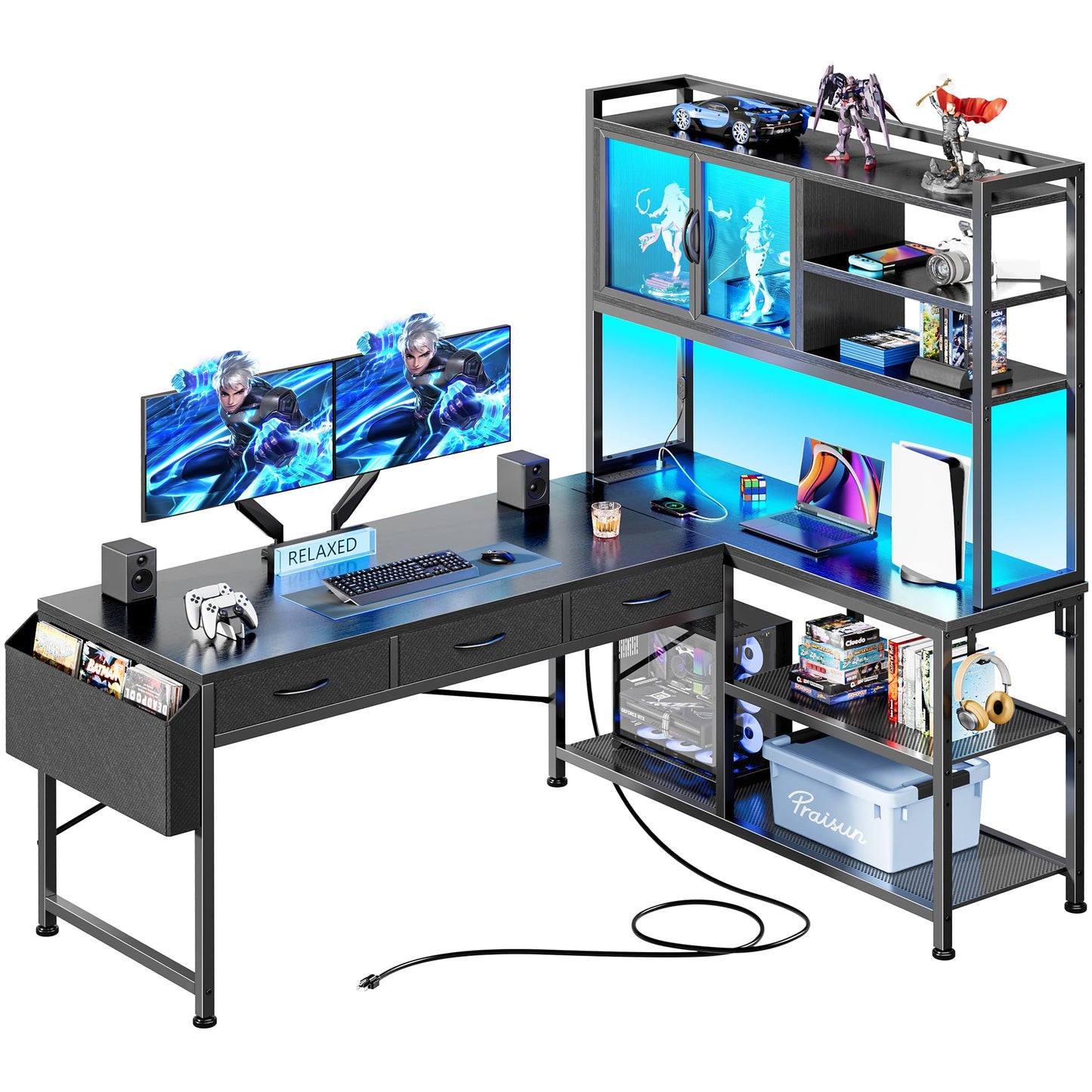 PRAISUN 57.5" Reversible L-Shaped Desk with LED Lights & Power Station