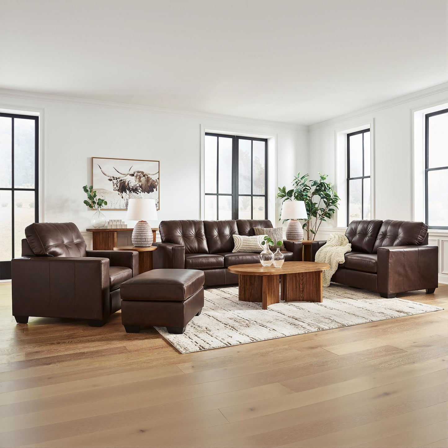 Signature Design by Ashley Santorine Classic Leather Match Tufted Sofa Sleeper with Removable Seat Cushions and Bi-Fold Memory Foam Mattress, Queen, Dark Brown