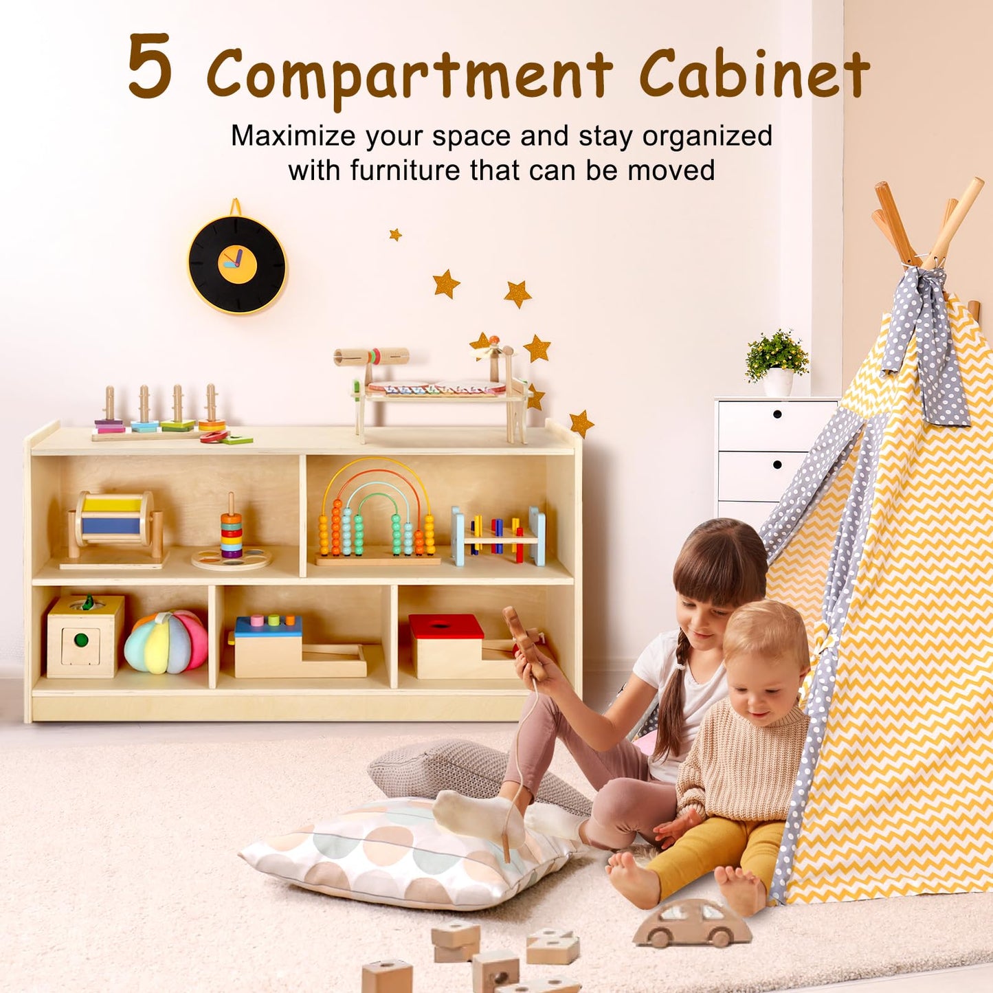 WINGYZ Wooden Storage Cabinet, 5-Section Montessori Bookshelf, Kids Toy Storage Organizer Book Shelf for Kids Rooms, Classroom, Playroom, Nursery, Preschool Book Shelves