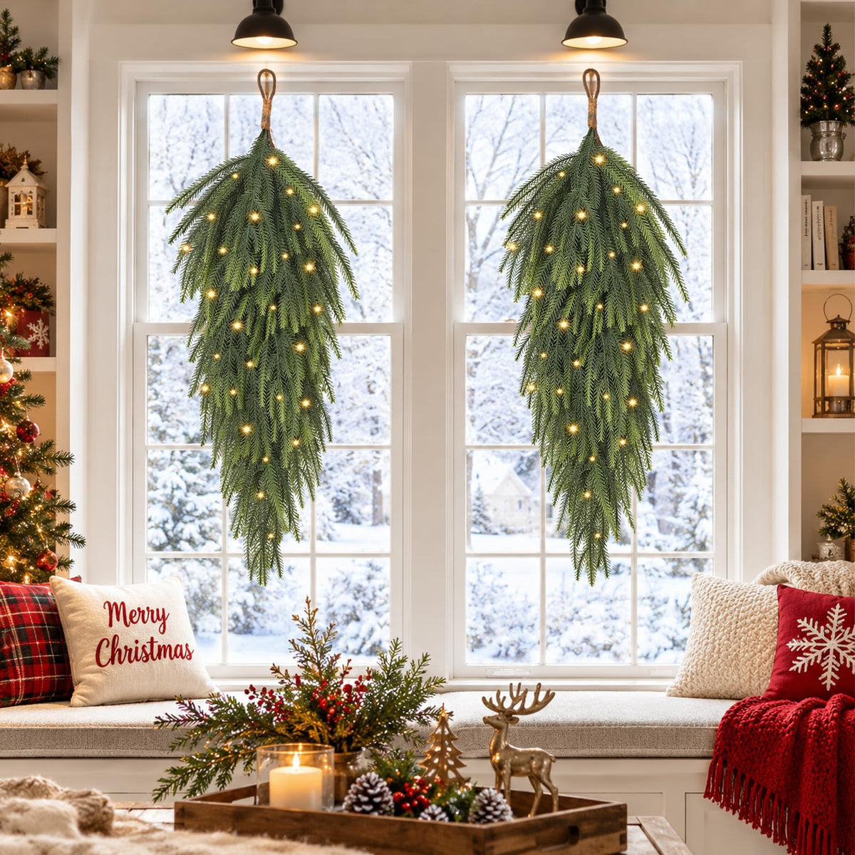 2 Pcs 30” Length Artificial Norfolk Pine Christmas Teardrop Swag with Light
