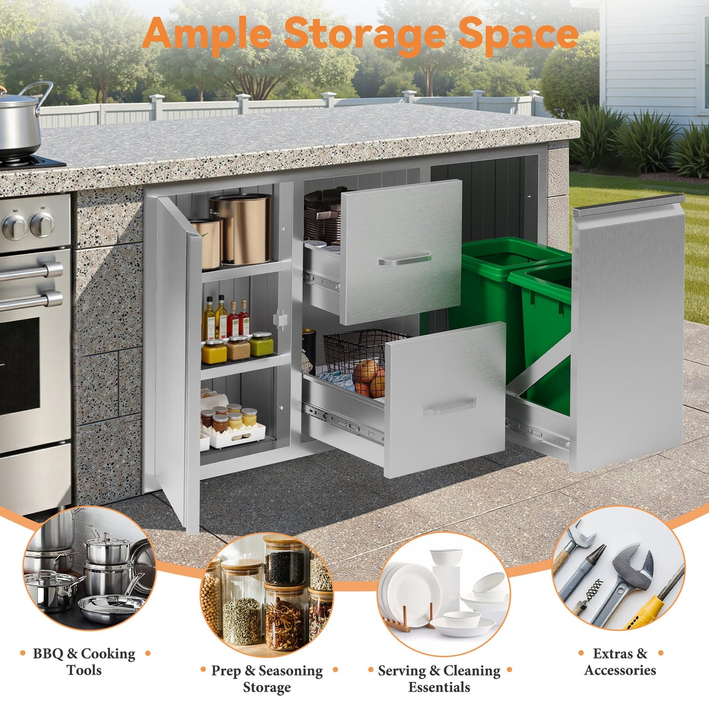 Jocisland 41.5" W×20" D×23" H Stainless Steel Outdoor Kitchen Drawers, Double Drawers with Trash Drawer & Door, 3-Tier Cabinet, Built-in BBQ Island Storage for Outdoor Kitchens