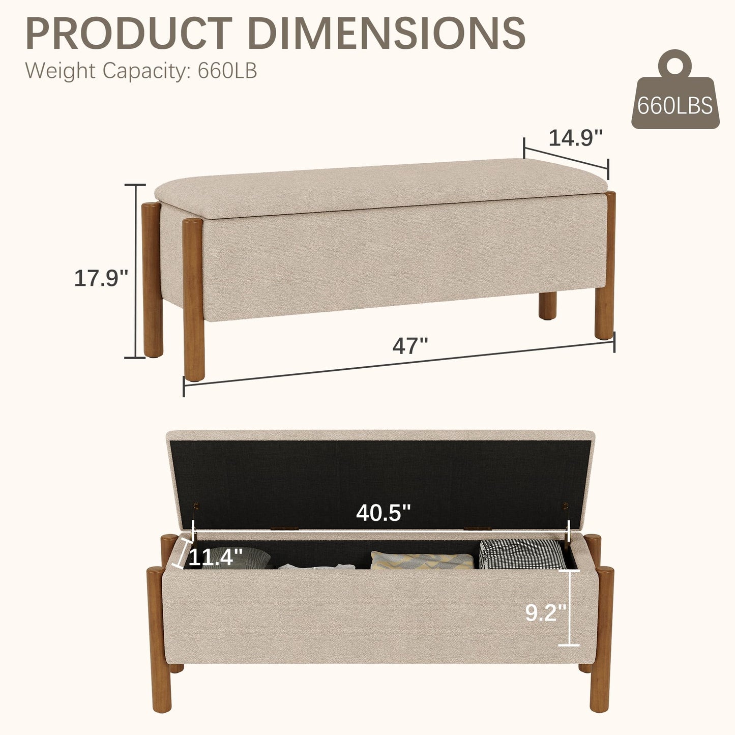 Quenvo Modern Storage Benches with Walnut Wood Legs, 47'' Ottoman Bench with 20 Gallons Storage Space for Bedroom End of Bed, Fabric Upholstered Entryway Bench with Seating for Livingroom, Beige