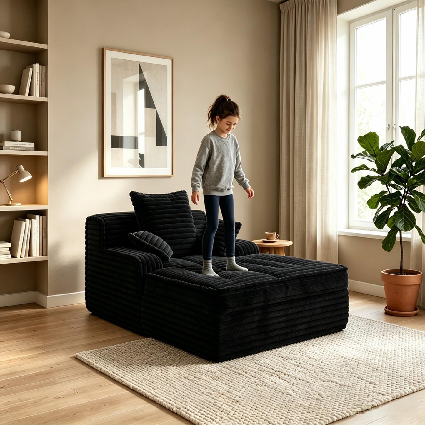 Ziydily 57 Inch Boneless Couch Lounge Chaise, Corduroy Upholstered Boneless Sofa Bed, Deep Seat Sleeper Couch Reading Chairs, Cozy Cloud Sofa Couches for Small Spaces, No Assembly Required, Black