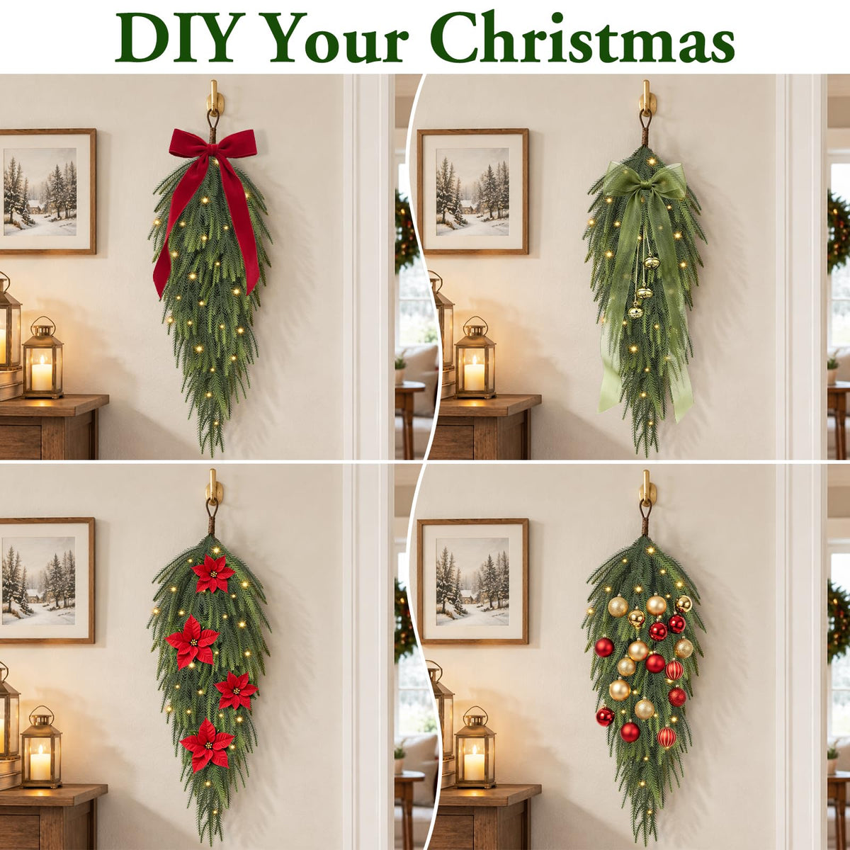 2 Pcs 30” Length Artificial Norfolk Pine Christmas Teardrop Swag with Light
