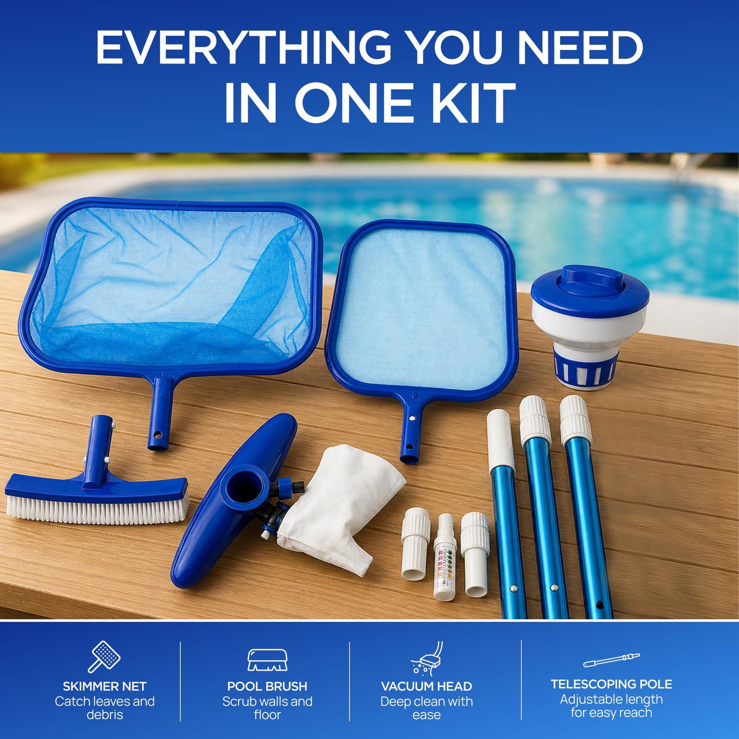 FibroPool Above Ground Pool Maintenance Kit – Telescoping Pole, Leaf Skimmer Net, Vacuum Head, Pool Brush, Floating Chlorinator & Test Strips – Easy Clean Kit for Inflatable & Soft-Sided Pools