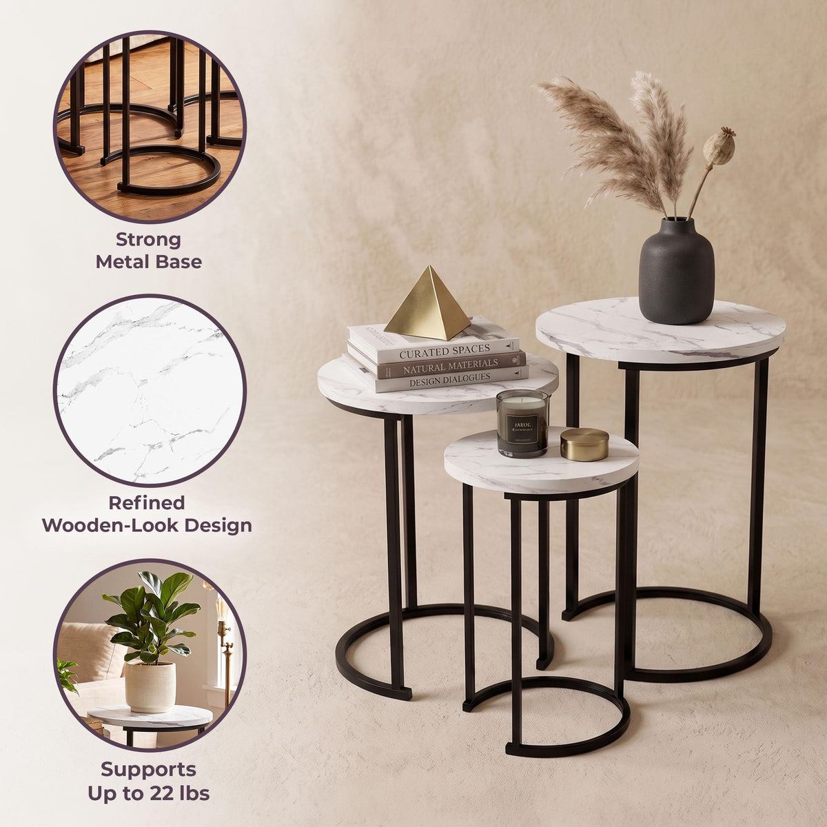 Lavish Home Round Nesting Tables Set of 3, Faux Marble Tabletop, White