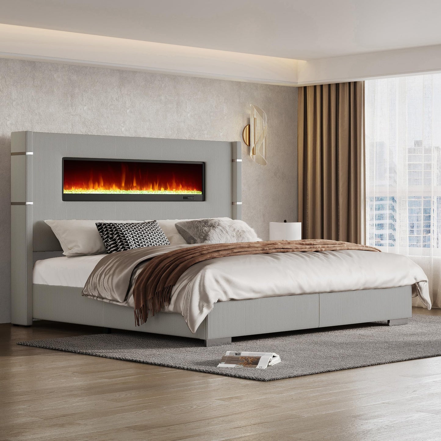 AMERLIFE Modern California King Size Bed Frame with Fireplace, Corduroy Upholstered Bed Frame with 60.4“ Extra Tall Headboard, Wingback Platform Bed Frame Wooden Slats/No Box Spring Needed, Greige