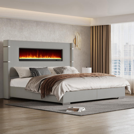 AMERLIFE Modern California King Size Bed Frame with Fireplace, Corduroy Upholstered Bed Frame with 60.4“ Extra Tall Headboard, Wingback Platform Bed Frame Wooden Slats/No Box Spring Needed, Greige