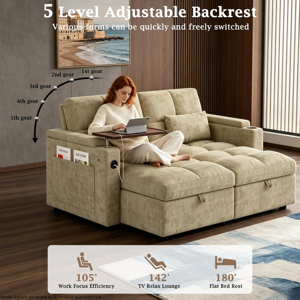 66.33'' Sleeper Sofa Bed Full Size, Convertible Couch for RVs, Taupe