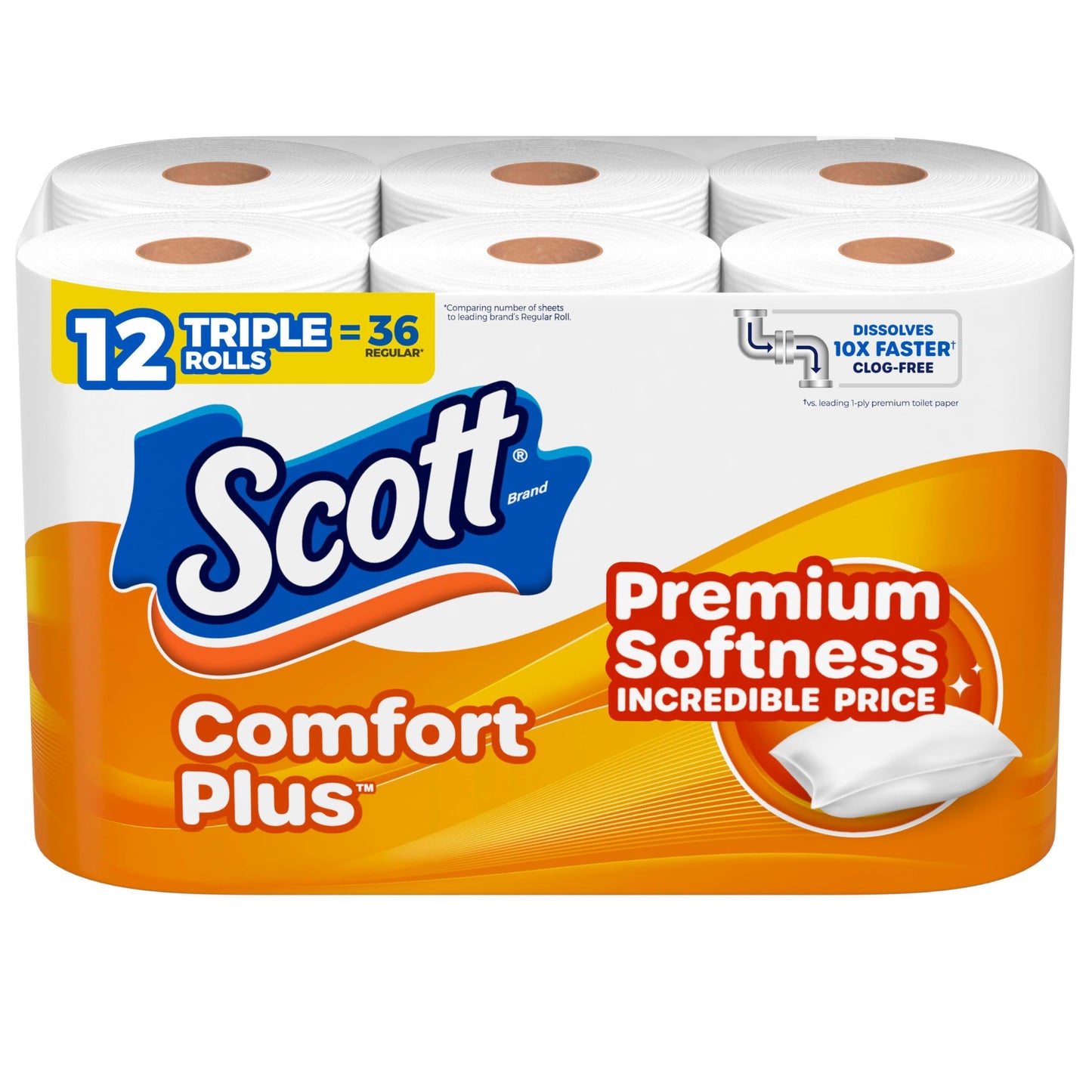 Scott ComfortPlus Toilet Paper, 12 Triple Rolls, 231 Sheets per Roll, Septic-Safe, 1-Ply Toilet Tissue