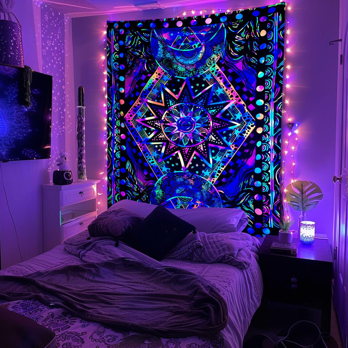 Blacklight Sun and Moon Tapestry Glow in The Dark Neon Hippie Bohemian Tapestries for Bedroom Aesthetic UV Reactive Purple Celestial Tie Dye Tapestry Wall Hanging for Living Room Dorm (40'' × 30'')