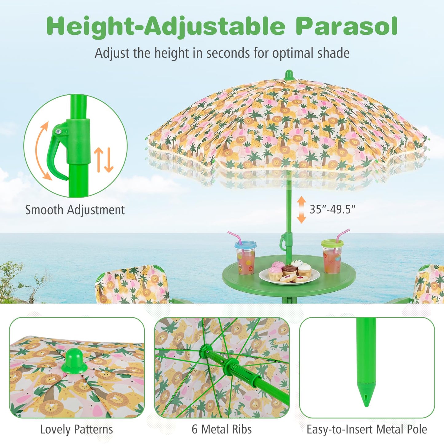 Costzon Kids Picnic Table, Kids Outdoor Table with 2 Folding Chairs, Height Adjustable Umbrella, Portable Children Outdoor Furniture for Patio, Garden, Backyard (Green Forest)