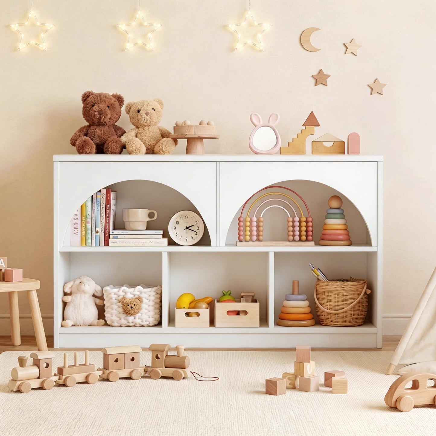 Fatmok 2-Shelf Bookcase Set of 2, Arched Design Wooden Toy Storage Organizer and Storage for Books Toys, 5-Section Montessori Bookshelf for Kids Rooms, Playroom, Nursery, Kindergarten (White)