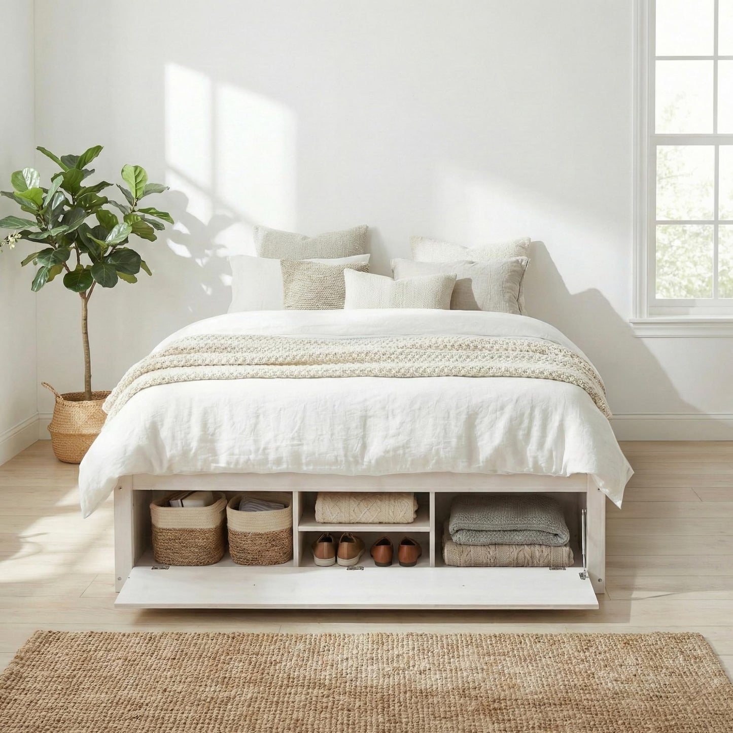 Merax Platform Bed Frame with 4 Storage Drawers and Hydraulic Lift Footboard Storage, No Headboard, Modern Space-Saving Design- Queen Size, Antique White